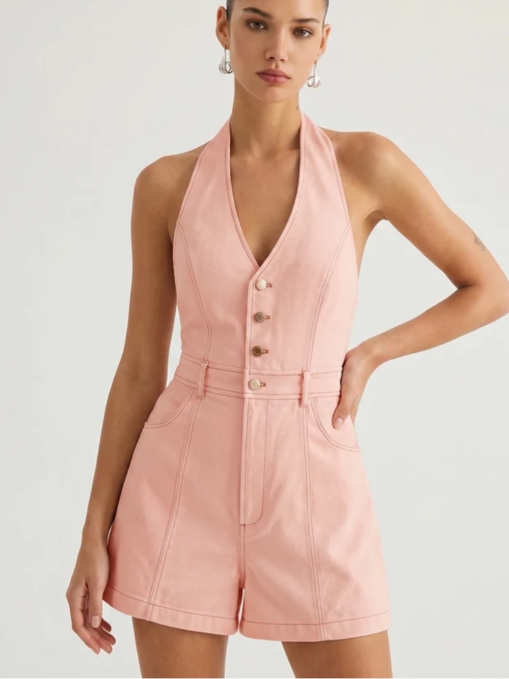 Commense Cotton Halter V-Neck Tie-Back Light Pink Button Up Shorts Romper Medium